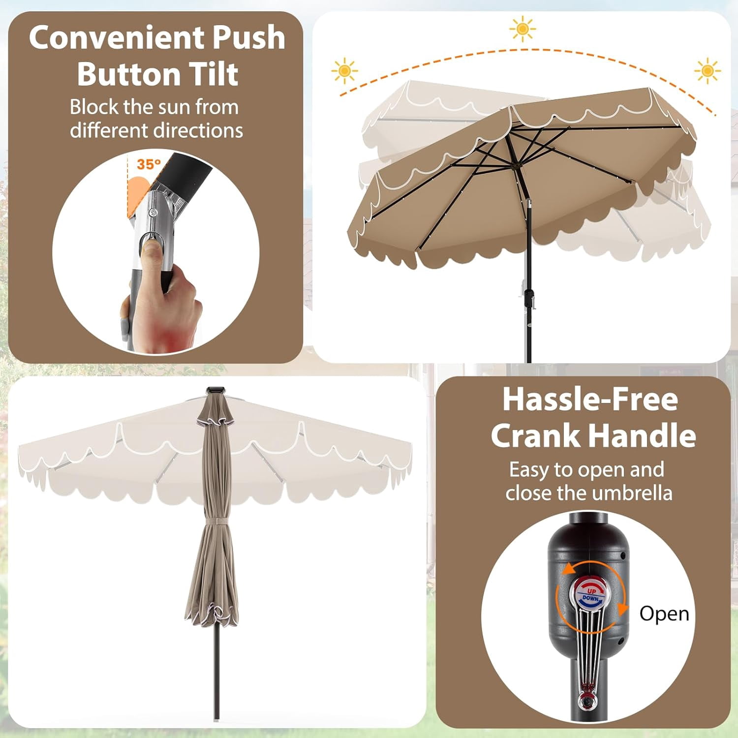 ZYPPP 10FT Solar LED Patio Umbrella, 2-Tiers Scalloped Outdoor Table Market Umbrella with 24 LED Lights, Vented Top, Tilt Adjustment, Crank, 8 Ribs for Backyard Poolside Deck Beach Lawn (Coffee)