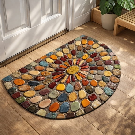 CaiYueKe 3D Visual Semi Circle Doormat 50x80cm, Crystal Velvet Non Slip Entryway Rug with Dotted Backing, Decorative Stone Pattern Floor Mat for Indoor Outdoor Use