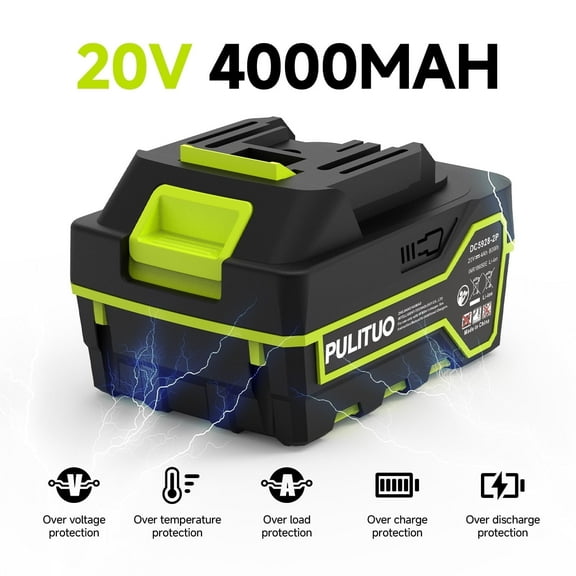 PULITUO 20V Max 4.0Ah Lithium-Ion Battery Pack, 2X Longer Runtime, Compatible with PULITUO 20V Tools (Drill, Impact Driver, Trimmer), with Power Indicator & Multiple Protections(1 Pack),Green
