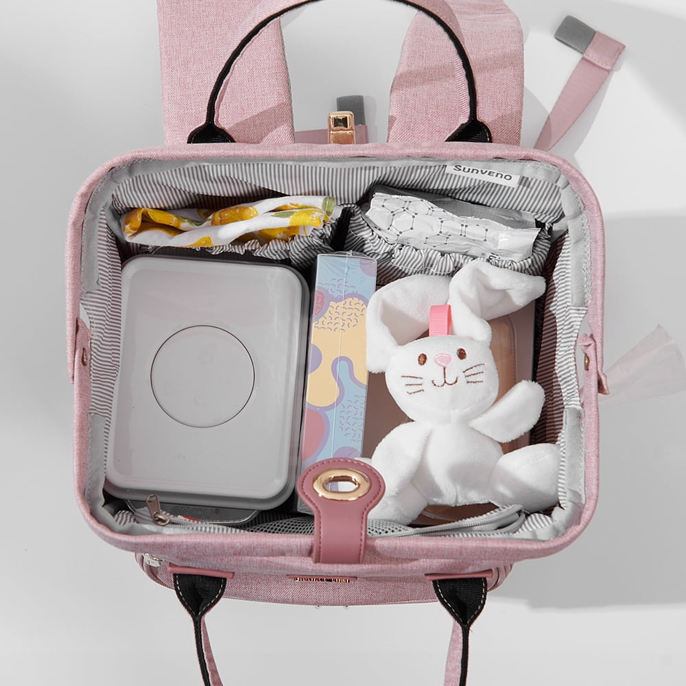 Sunveno Easy Open Diaper Bag Backpack with Insulated Pockets, Stroller Straps and Changing Pad, Pink