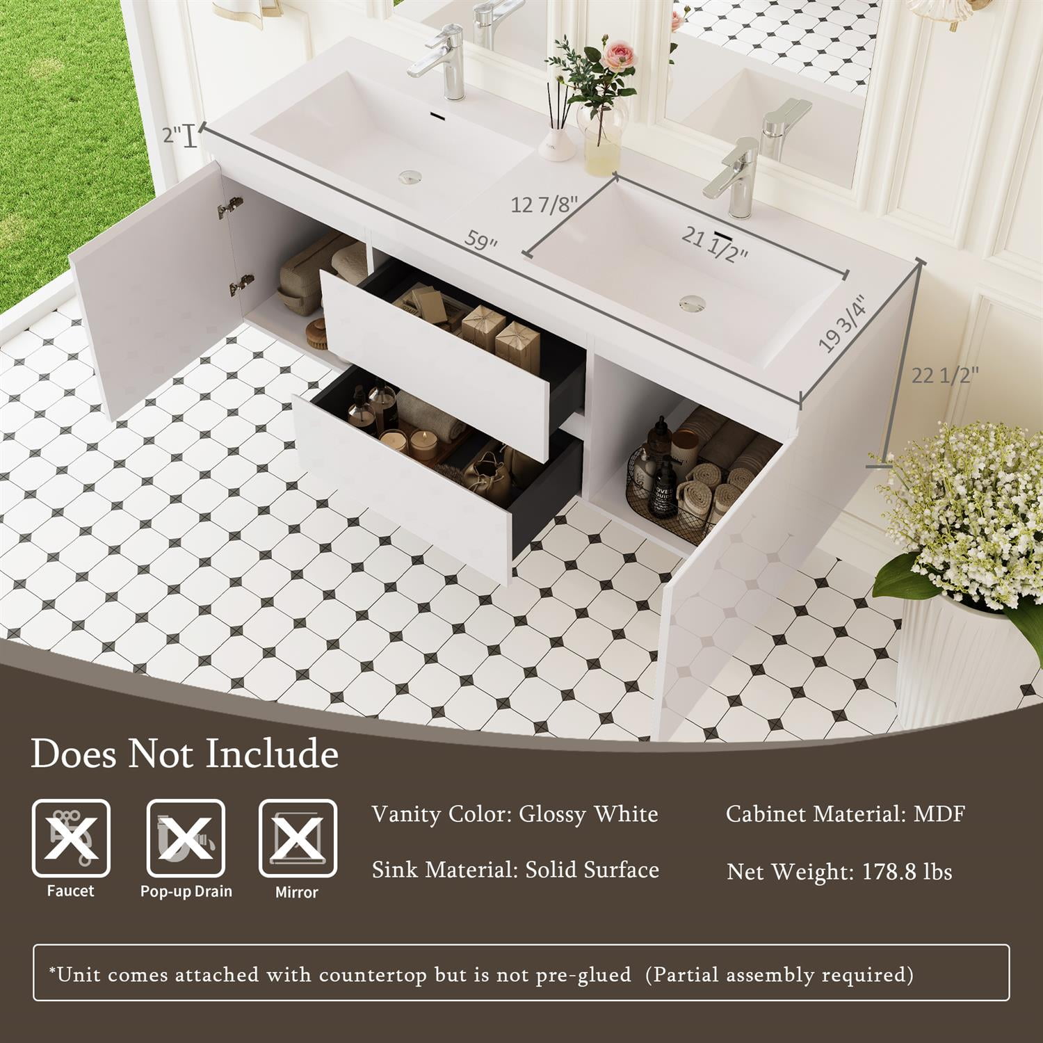 Demi Bonn 60" Floating Bathroom Vanity with Sink, Double Resin Top Basin and 2 Soft Close Drawers, 2 Storage Cabinet, Faucets and Drains Not Included, White