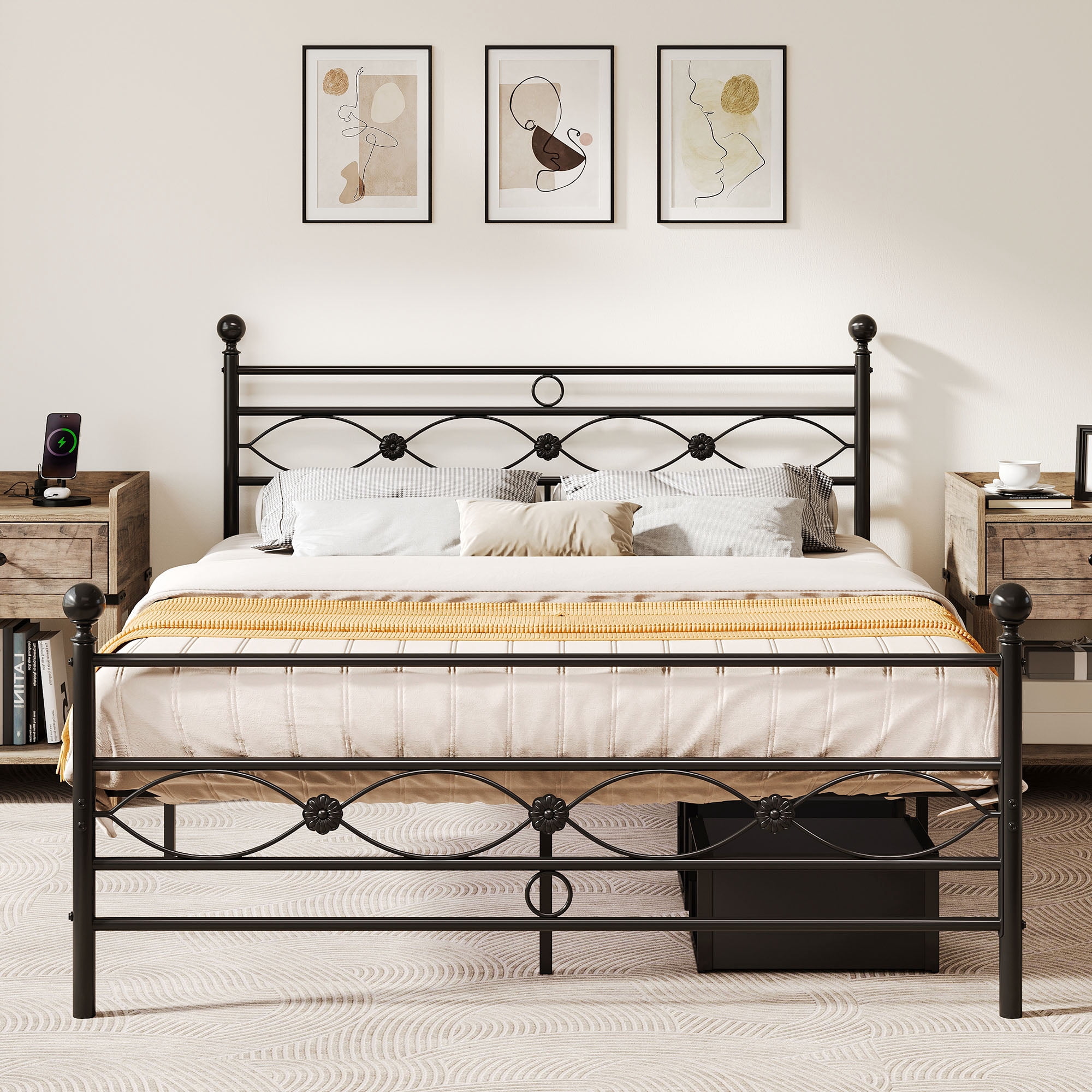DEXTRUS Industrial Queen Platform Metal Bed Frame with Headboard & Soundproof Cotton
