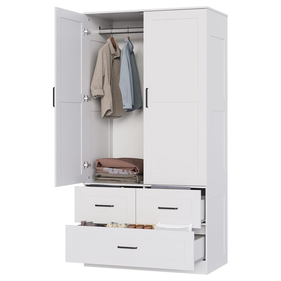 Modern Wooden Wardrobe Closet for Bedroom – 70" Freestanding Armoire Cabinet with Hanging Rod – 3 Deep Storage Drawers – Tall Clothes Organizer – Black