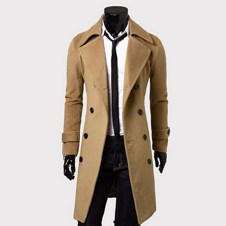 gotofar Long Trench Coat Double-breasted Solid Color Autumn Winter  Windproof Thick Jacket for Daily Wear