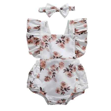 

Baby Girl Floral Ruffled Romper Bodysuits 0-24M Newborn Infant Toddler Summer Sleeveless Backless Jumpsuits with Headband New