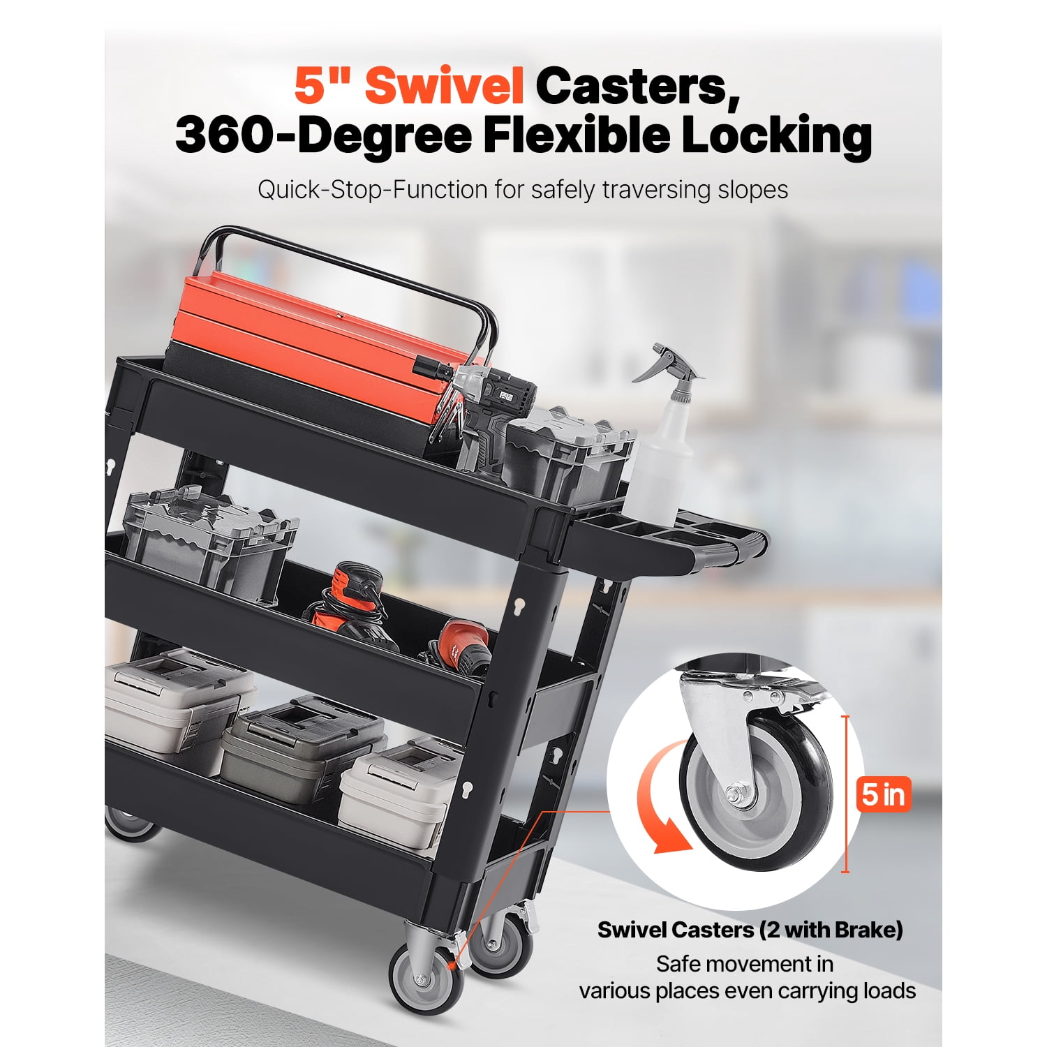 KFFKFF Utility Service Cart 360° Swivel Wheels 550lbs 3 Shelf (2 with Brakes),for Garage, Warehouse, Cleaning, Office & Workplace