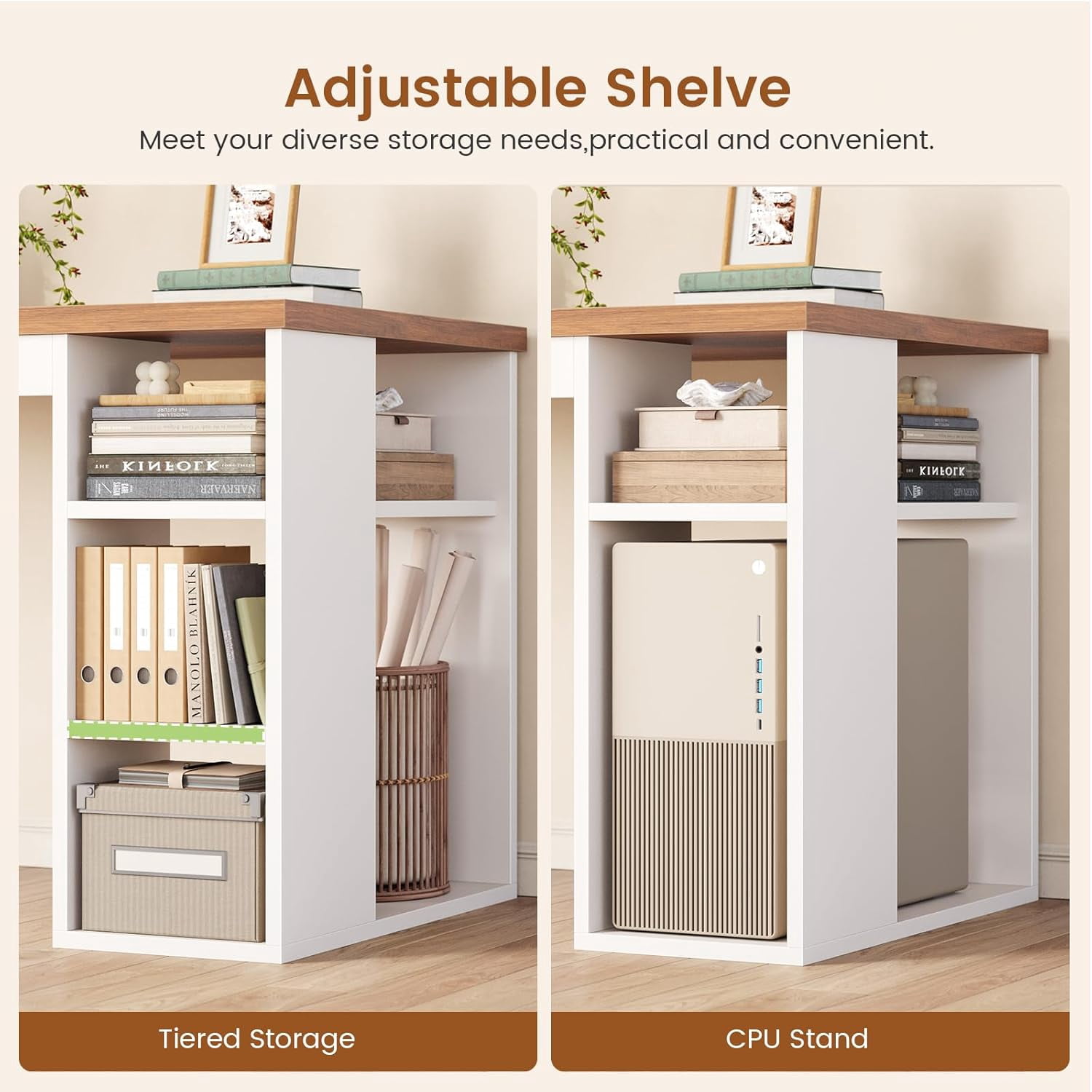 55.1" Farmhouse Desk with 3 Drawers & Open Shelves, Home Office Desk with Power Outlets & File Drawer, Wood Desk with Ample Storage, Computer Desk for Bedroom, White & Brown Top