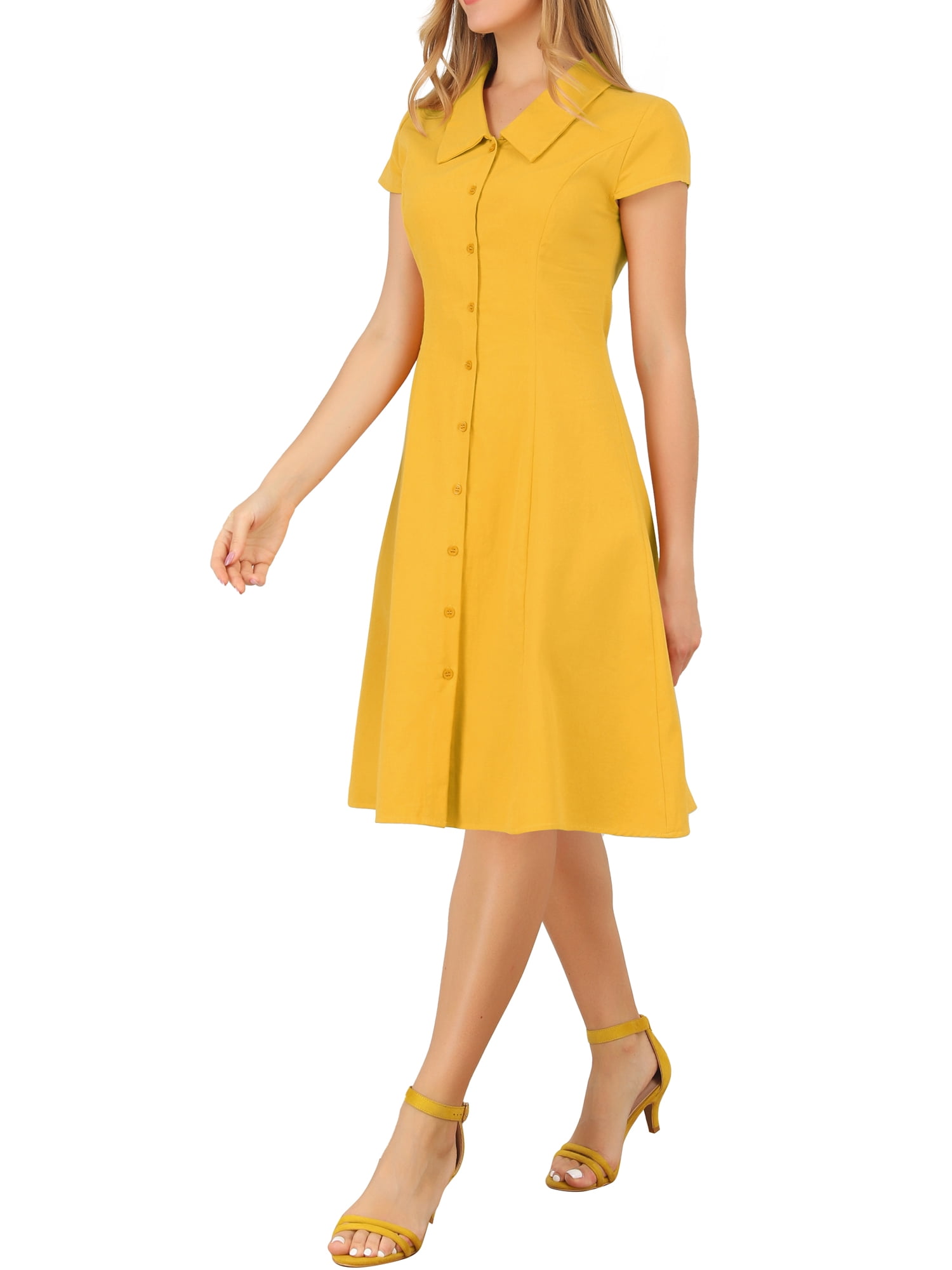 Unique Bargains Women's Cotton Cap Sleeve Button Down Midi Dress