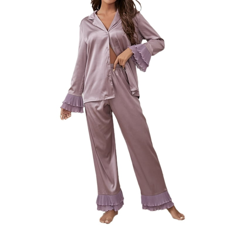 Women s Satin 2 Pieces Long Sleeve PJ Set Nightwear L