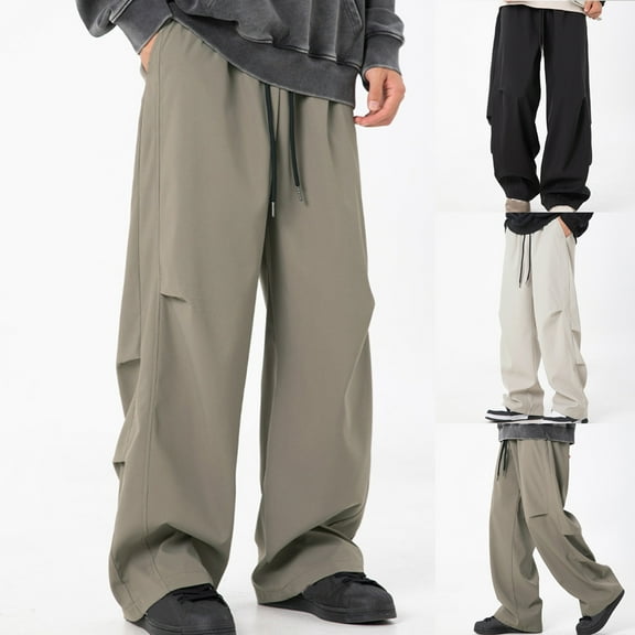 safuny Men's Athletic Pants Drawstring Solid Color Casual Outdoors Pants Trousers Big&Tall Sports Workout Pants Loose Cargo Sweatpants Pockets Activewear Beige L