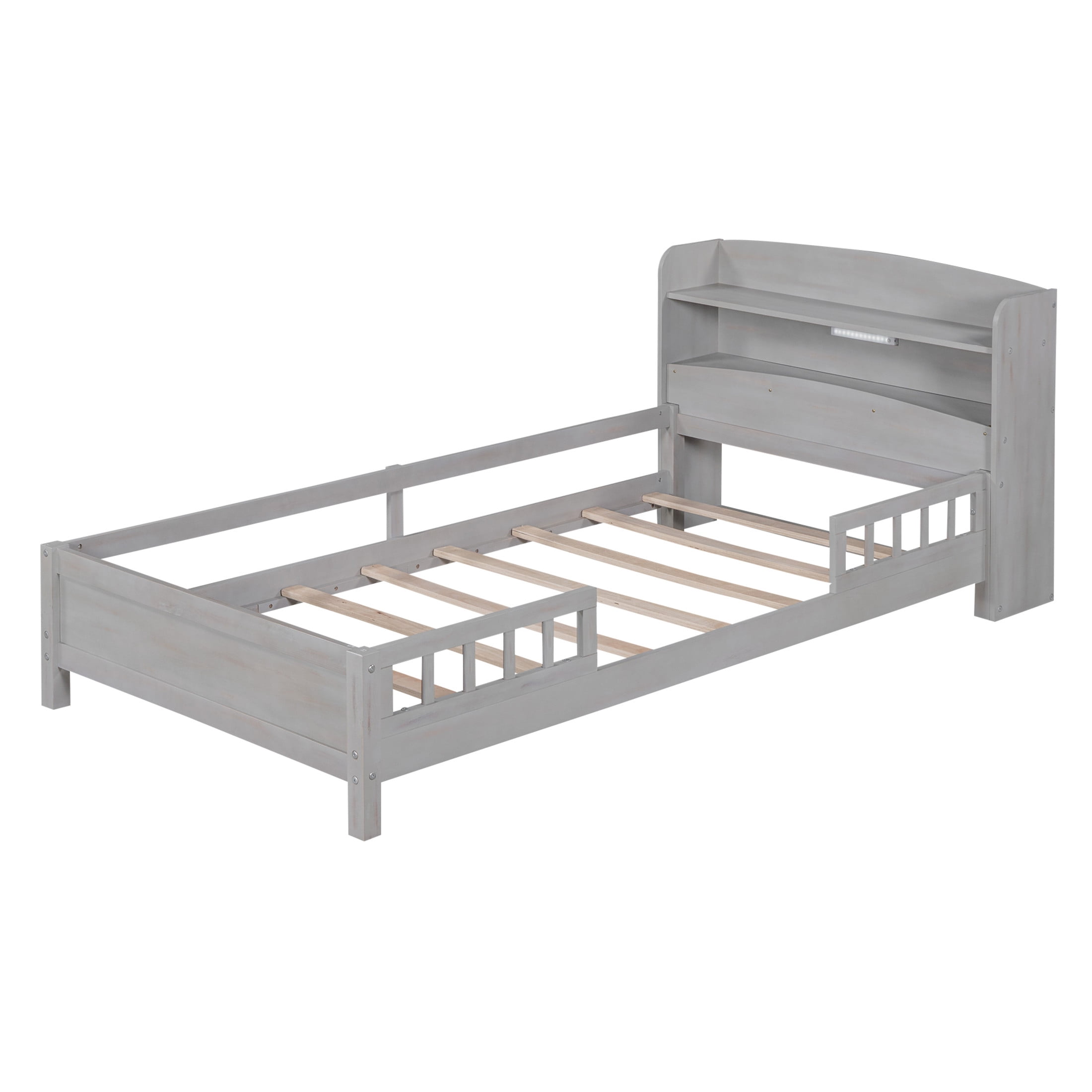 Noble House Twin Platform Bed with Built-in LED Storage Headboard and Safety Guardrails, Space Saving Design, Gray