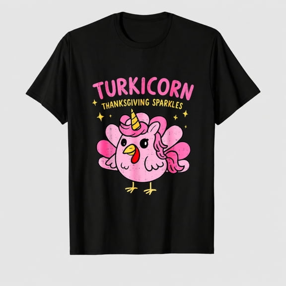 Women's Thanksgiving Turkicorn Graphic T-Shirt, Cute Unicorn Turkey Short Sleeve Shirt