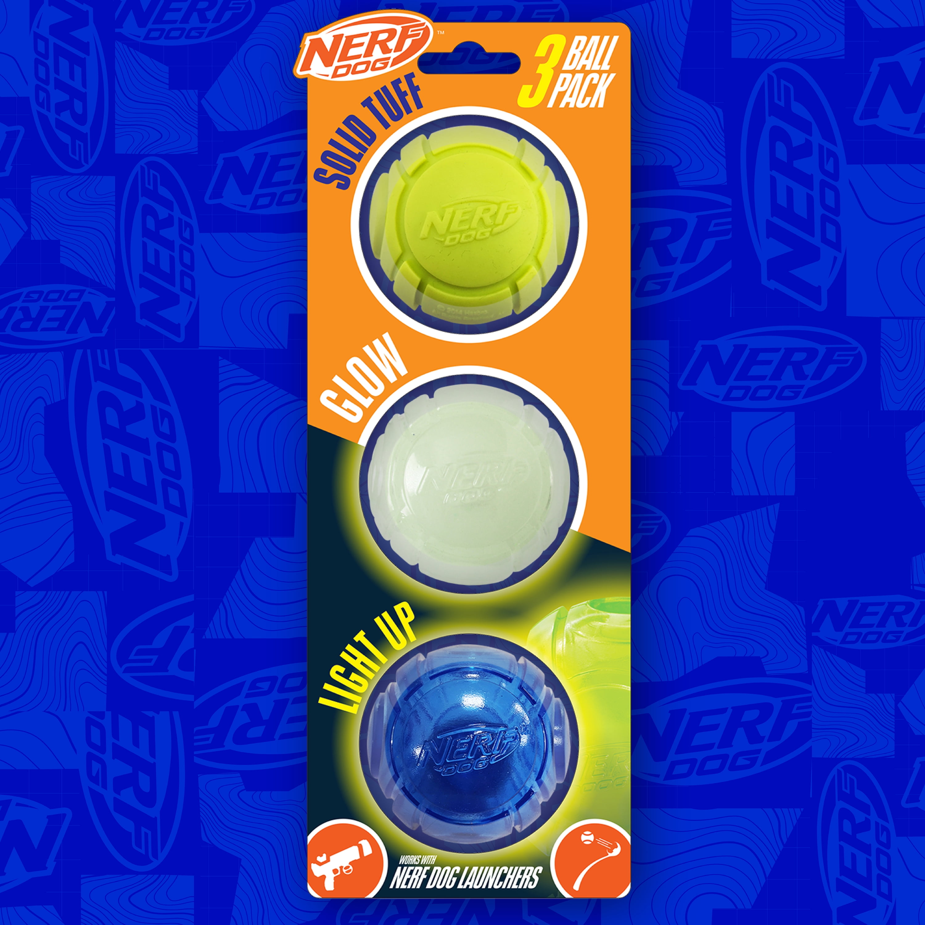 Nerf Dog Launcher Ball 3-Pack with 1 Solid Tuff, 1 Glow Ball & 1 LED Ball, 2.5 inch