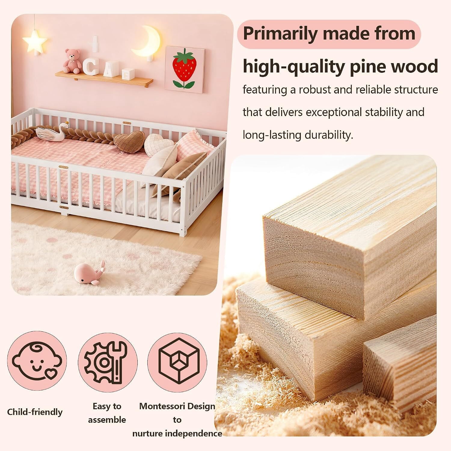 Queen Size Montessori Floor Bed with Rails, Wood Kids Floor Bed with Door and Slats Support, Toddler Bed Montessori Bed for Boys Girls, No Box Spring Needed Design