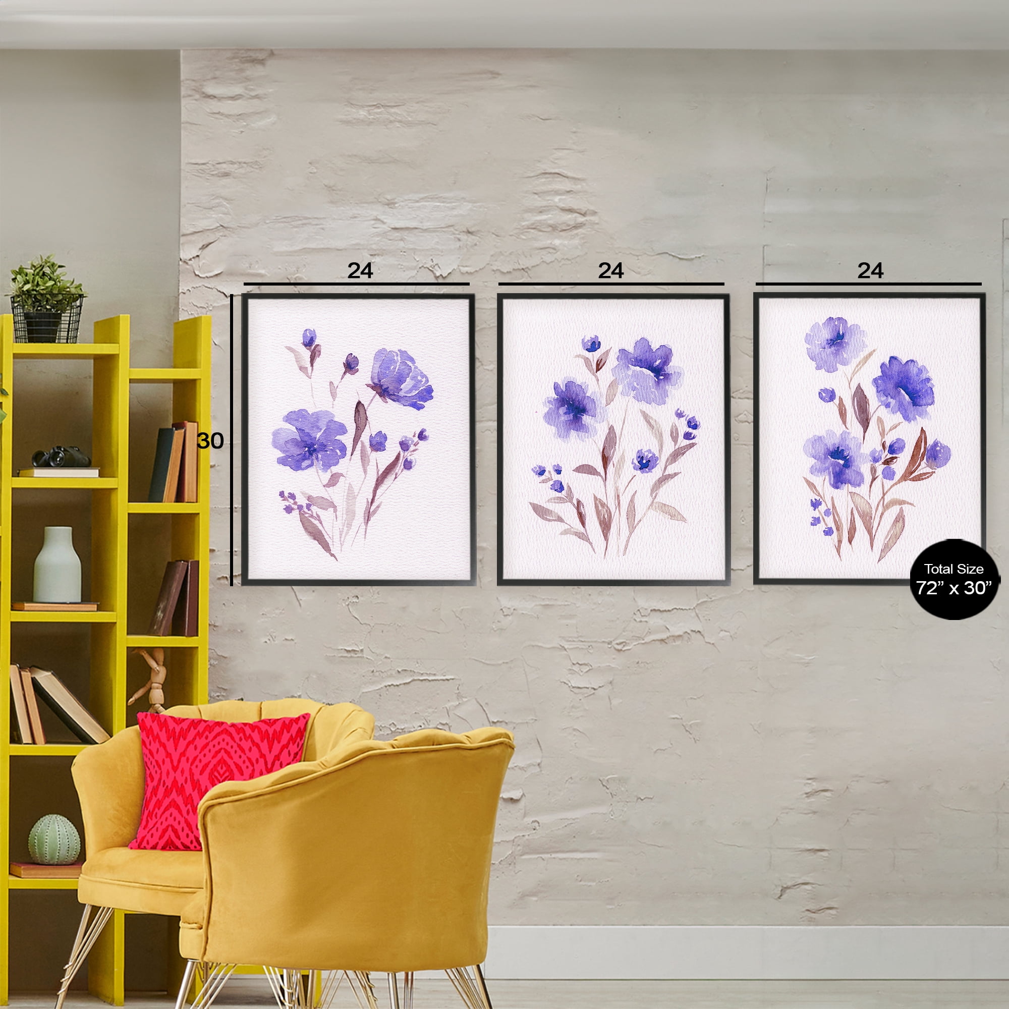 Stupell Industries Watercolor Purple Blooms 3 Piece Black Framed Giclee Art Set, design by Leah Noel Art