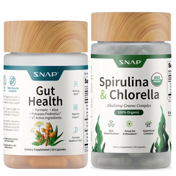 Snap Supplements Organic Spirulina and Gut Health Bundle - Superfood, Phytonutrients, Trace Minerals   Probiotic for Digestive and Gut Health