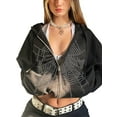 thumbnail image 2 of Caoirhny Women Zip up Jacket Rhinestone Spider Web Print Hoodies Long Sleeve Aesthetic Sweatshirt for Fall Streetwear, 2 of 6