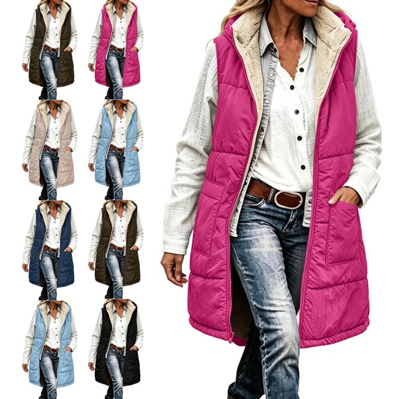Women Long Hooded Puffer Vest,Sleeveless Zip Up,Fleece Thick Warm Casual Layering Winter Outerwear Jacket with Pocket