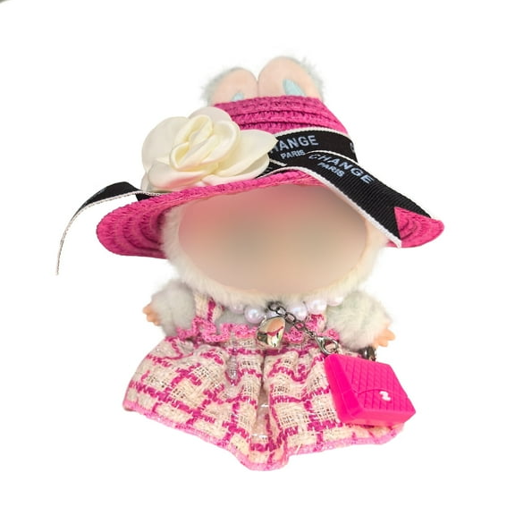 4-Piece Elegant Fashion Set for 14-17cm La bubu Dolls | Fuchsia Tweed Dress, Hat, Pearl Necklace & Crossbody Bag | Luxury Outfit  (No Doll)