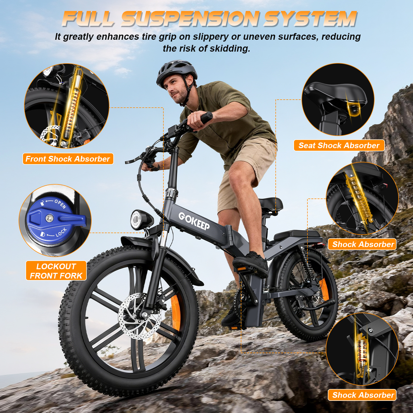 GOKEEP X20 Electric Bike for Adults, 1500W Peak Motor Electric Bicycle with 48V 21.3AH Removable Li Dual Battery, 20" x4.0 Fat Tire Folding Electric Dirt Bike, E-Mountain Bike, UL2849, Grey