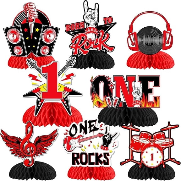 8 Pieces One Rocks 1st Birthday Honeycomb Centerpieces for Boy Girl, Rock and Roll Table Centerpiece First Birthday Decorations, Red Black Music Themed 1 Year Old Baby Party Supplies