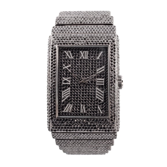Luxury Iced Out Round watch or Bling-ed Out Baguette-Cut Rectangular Watch with Crystal Diamond watch Pave Design (ST10602 Black)