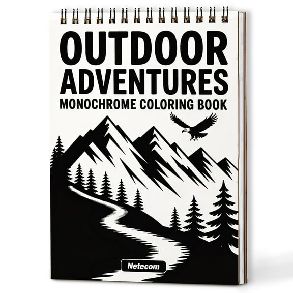 Outdoor Adventures Monochrome Coloring Book Spiral Bound for Adults, A5 Wooden Cover, Relaxing One-Color Illustrations with Mountains, Forest, Wildlife Scenes
