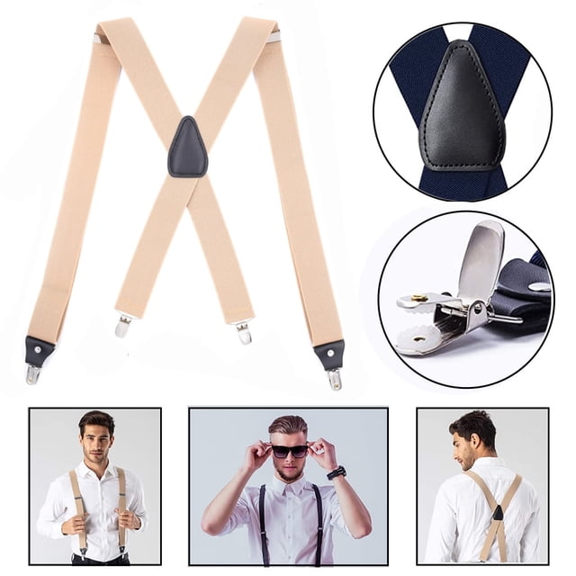 DEBGFS Bretelles à Clip Robustes pour Hommes Bretelles Ajustables à Dos en X pour Hommes avec Clips pour le Travail, Mariage, Fête, beige