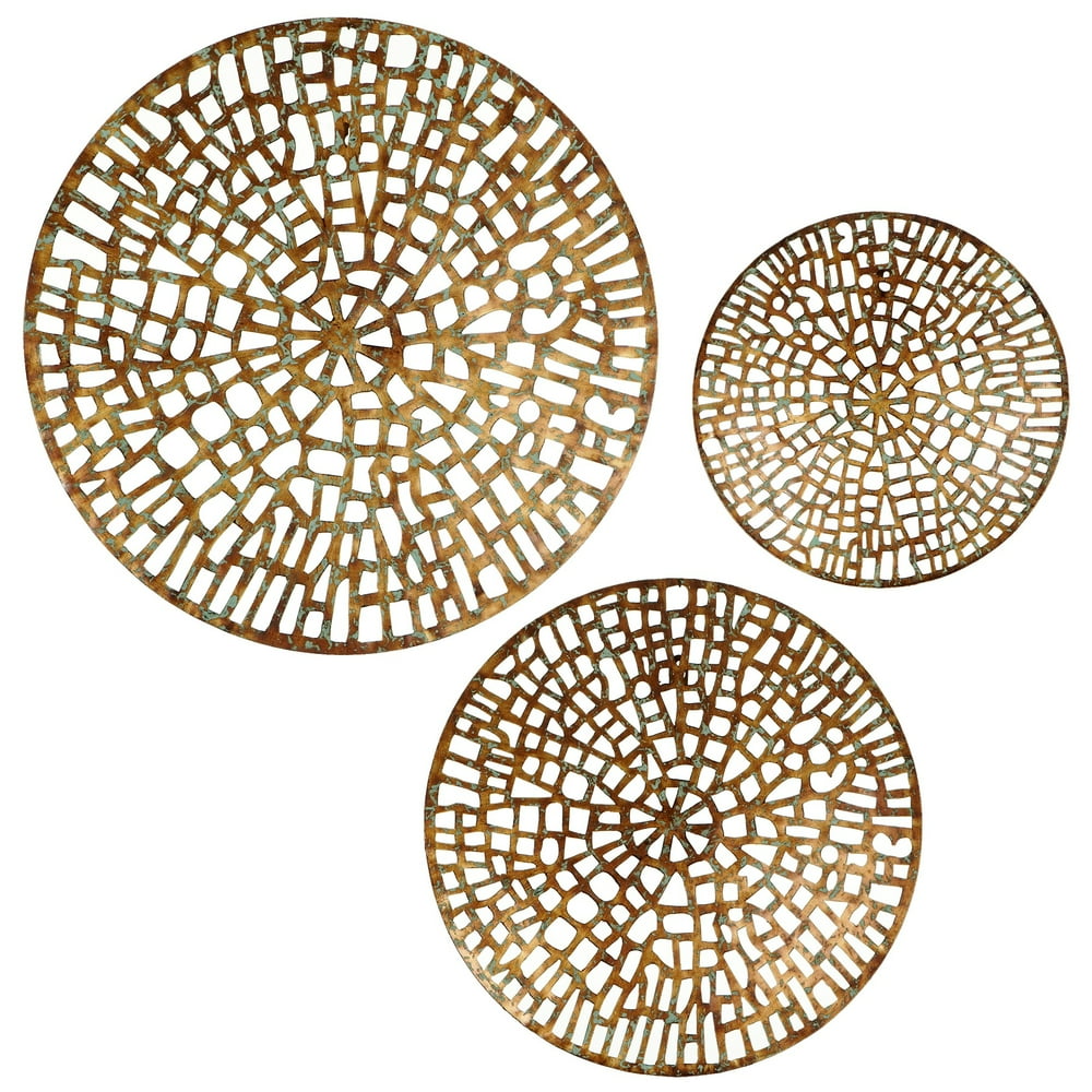CBK Metal 3 Piece Set Stamped Gold Patina Round Wall Decor