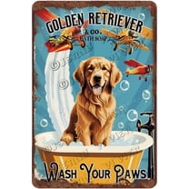 Golden Retriever Decor Wash Your Paws Dog Art Retro Aluminum Sign 12x8 IN Metal Tin Sign Funny Bathroom Wall Decor Dog Gifts Golden Retriever Signs for Outside Chic Wall Decor