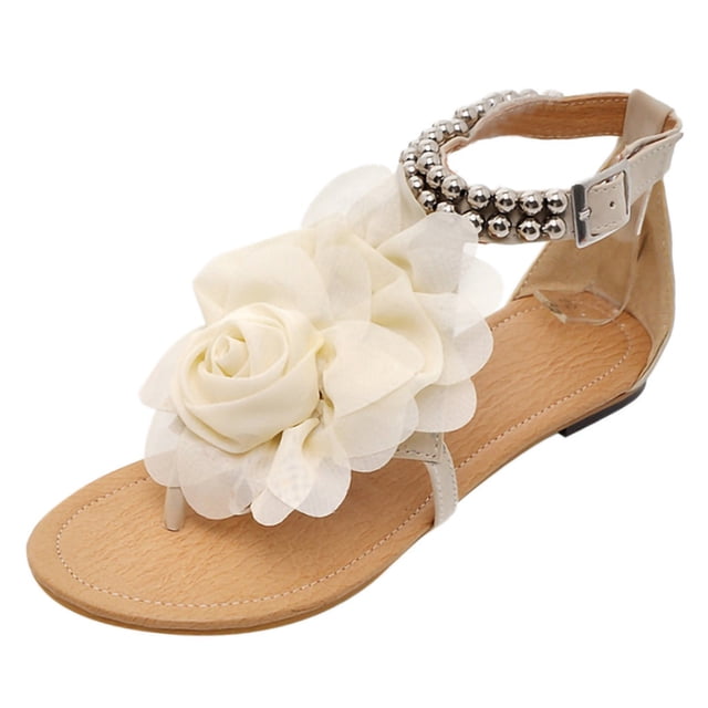 Summer Women Flat String Bead Sandals Bohemian Style Flower Buckle Strap Shoes