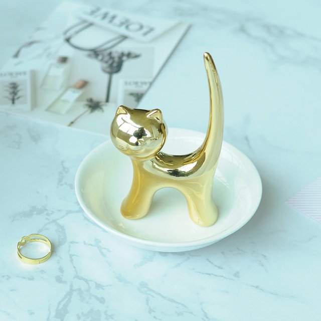 Plato de cerámica para joyería de plata Xiao Mao, estante de almacenamiento de joyería creativo, plato de almacenamiento de animales galvanizados, plato de gato para joyería de plata