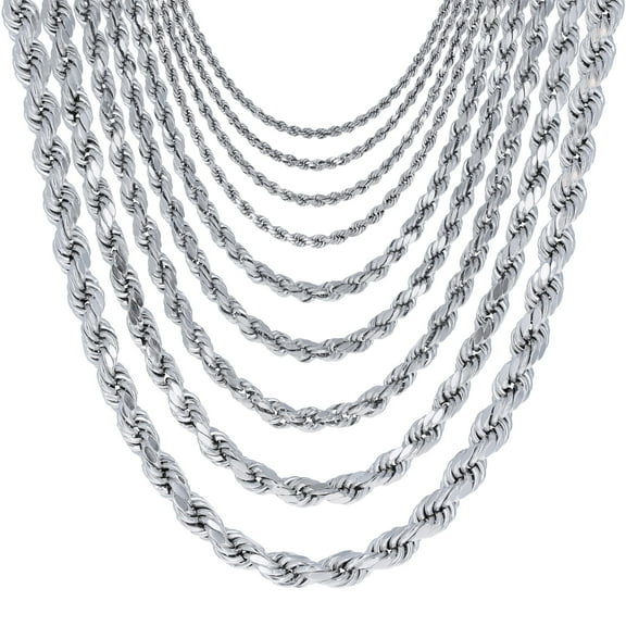 Nuragold 10K Real White Gold Rope Diamond Cut Chain Necklace 14"-30" (1.5mm-7mm) Italian Jewelry for Men & Women