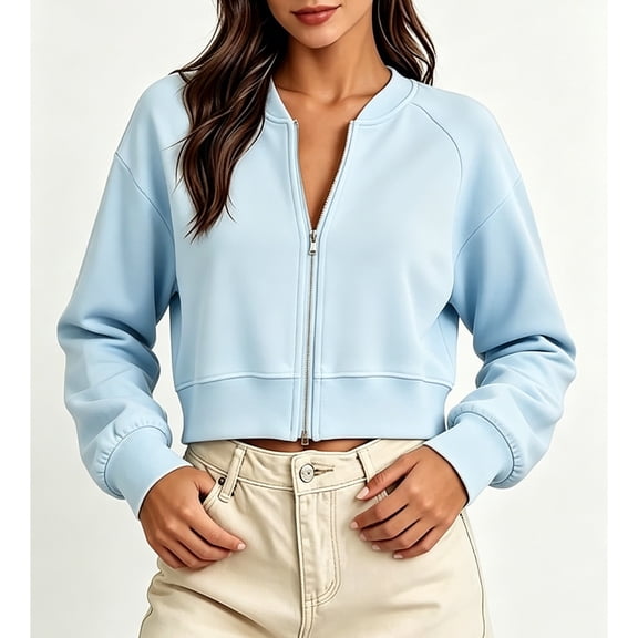 JGGSPWM Womens Y2K Cropped Zip Up Sweatshirt, No Hood Stand Collar Jacket with Pockets, Soft Fleece Fall Fashion Tops Blue XL