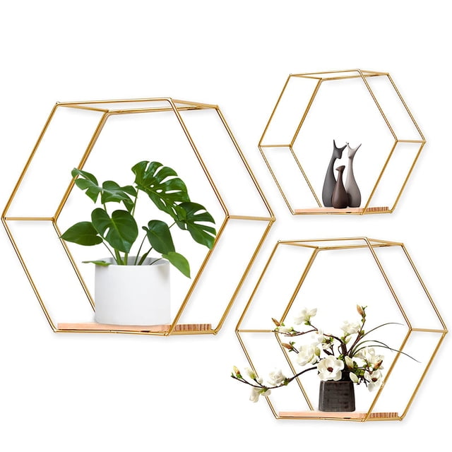 Juego de 3 estantes de pared hexagonales, estante colgante, estante flotante de madera y Metal, almacenamiento de pared para cocina, baño, decoración de pared del dormitorio