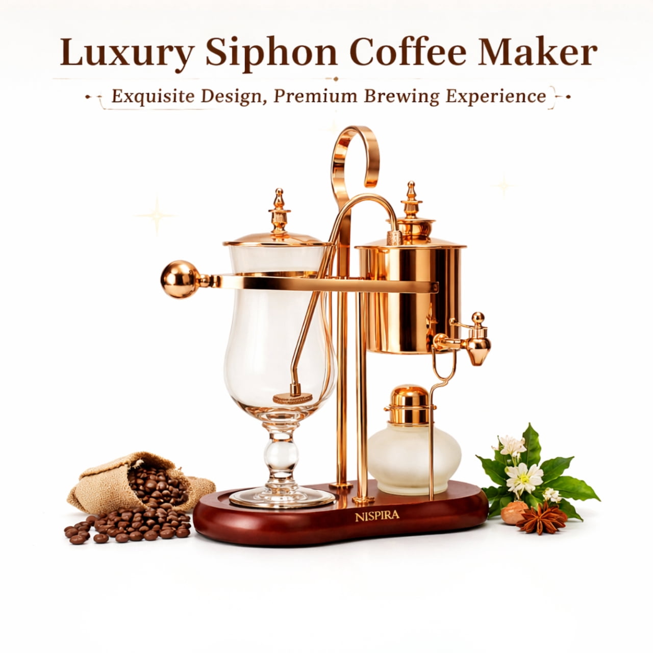 Nispira Belgian Belgium Luxury Royal Family Balance Syphon Siphon Coffee Maker Copper Color, 1 set