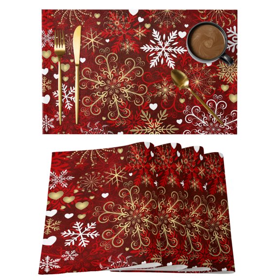 Christmas Winter Placemats Set of 6, Vintage Red Gold White Snowflakes Swirl Filigree Non-Slip Place Mats Washable Table Mats for Kitchen Dining Table Decorations Indoor/Outdoor