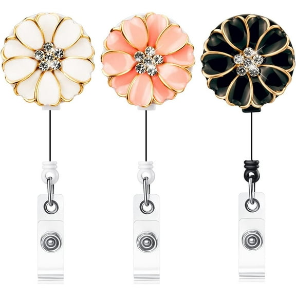 3 Pack ID Badge Holder with Camellia, Rhinestone RN Badge Reel Retractable, Women Nurse Badge Holder Retractable Alligator Clip
