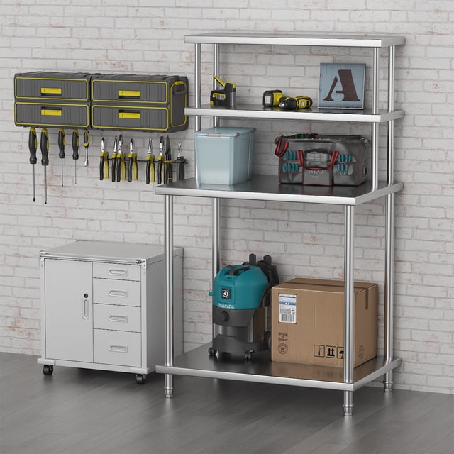 EDTara Stainless Steel Prep Work Table With Overshelves, Commercial-Grade Design With Adjustable Lower and Under Shelves for Large Kitchens, Restaurants, Warehouses, or Garages