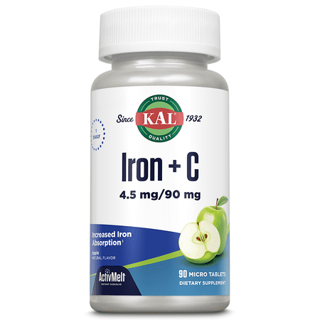 KAL Iron Plus C  Instant Dissolve Iron Supplement for Women and Men  Increased Absorption Iron Pills  Natural Apple Flavor  60-Day Money-Back Guarantee  GMP Facility  90 Servings  90 Micro Tablets