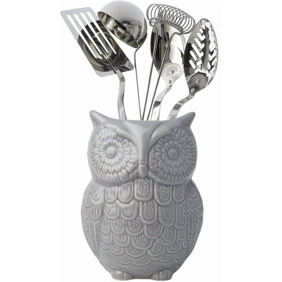 Comfify Ceramic Owl Utensil Holder, Decorative Kitchen Countertop Organizer for Spoons & Cooking Tools, Gray, 5 x 7 x 4 in