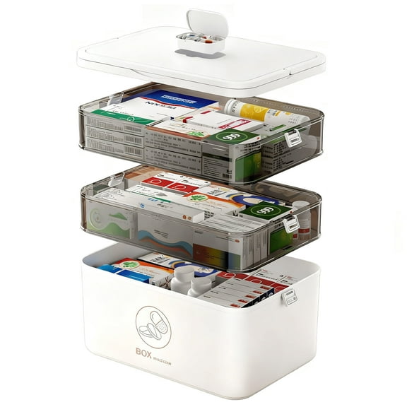 ASKITO Medicine Cabinet Organizer, 3-Tier Large Capacity Medicine Organizer, Portable Medicine Storage Box with Handle, Multipurpose Medical Supply Organizer, White