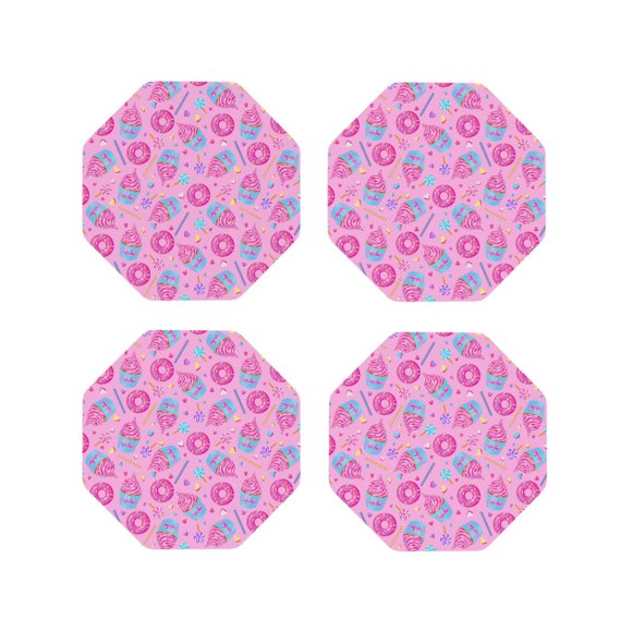 Vsdgher Pink Donuts Print Leather Coasters for Drinks, Durable Drink Coasters 4 Set for Tabletop Protection, Luxurious Home Décor and Housewarming Gift-Octagon
