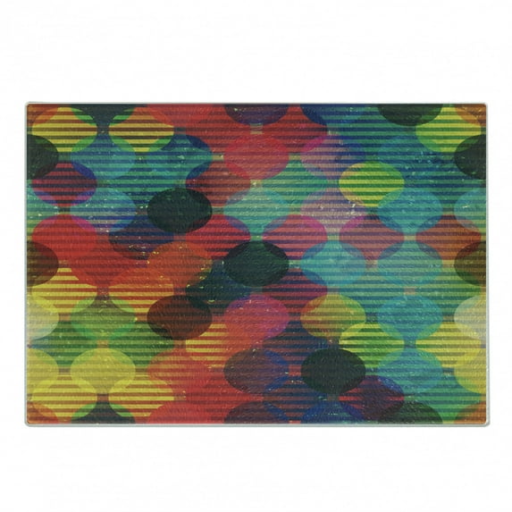 Geometric Circle Cutting Board, Psychedelic Digital Futuristic Spherical Funky Grunge Display, Decorative Tempered Glass Cutting and Serving Board, Small Size, Multicolor, by Ambesonne