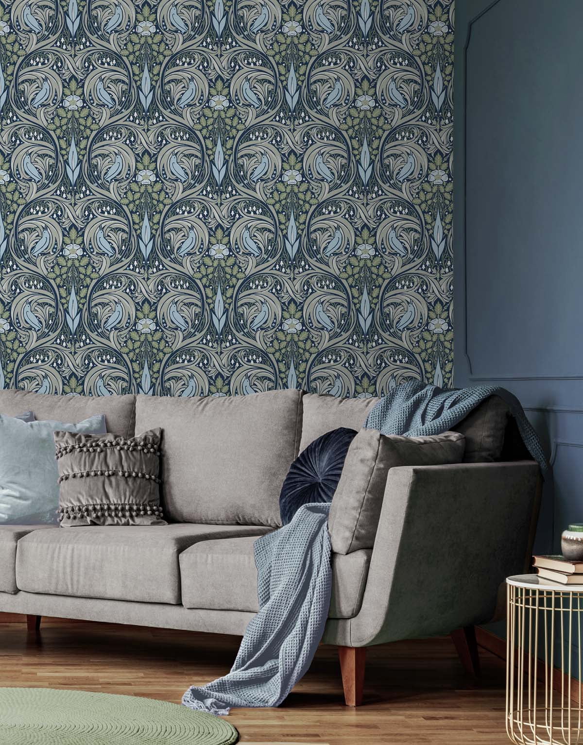 NextWall  Bird Ogee Peel and Stick Wallpaper 20.5 in. W x 18 ft. L - Navy & Fern Green