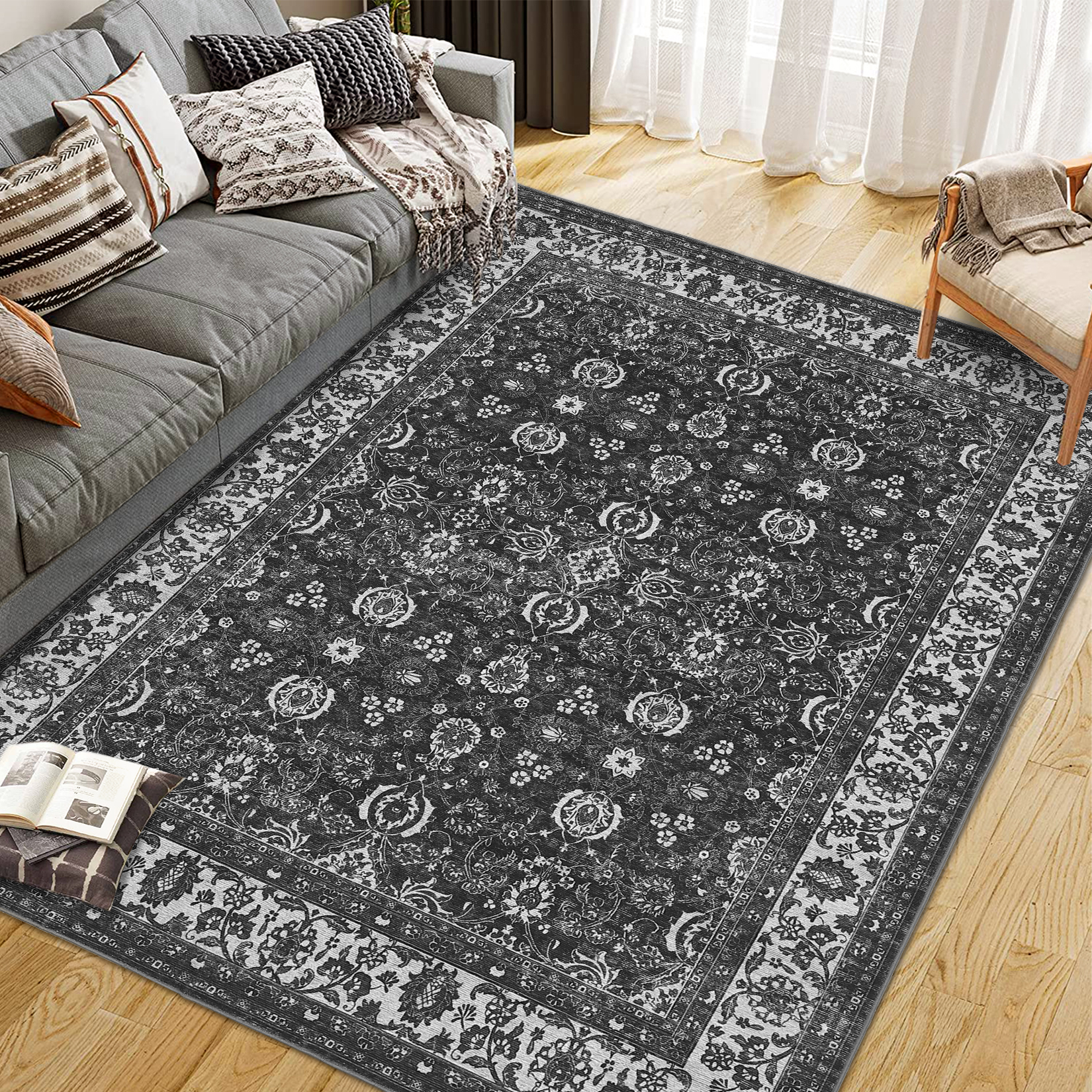 Vintage Floral Rugs 10x13, Washable Area Rug with Non Slip Backing, Low Pile for Living Room, Bedroom & Home Decor Black