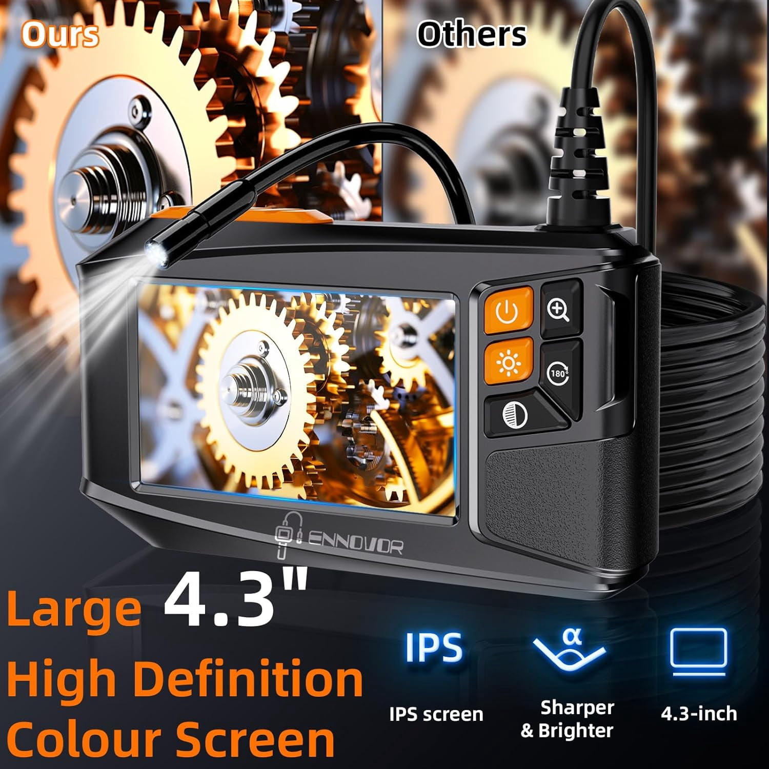 Endoscope Camera, 1920P HD Digital Borescope with 4.3" IPS Screen, No App No WiFi Endoscope with 8 Adjustable LED Lights, IP67 Semi-Rigid Cable Waterproof Drain Camera (16.4ft/5m)