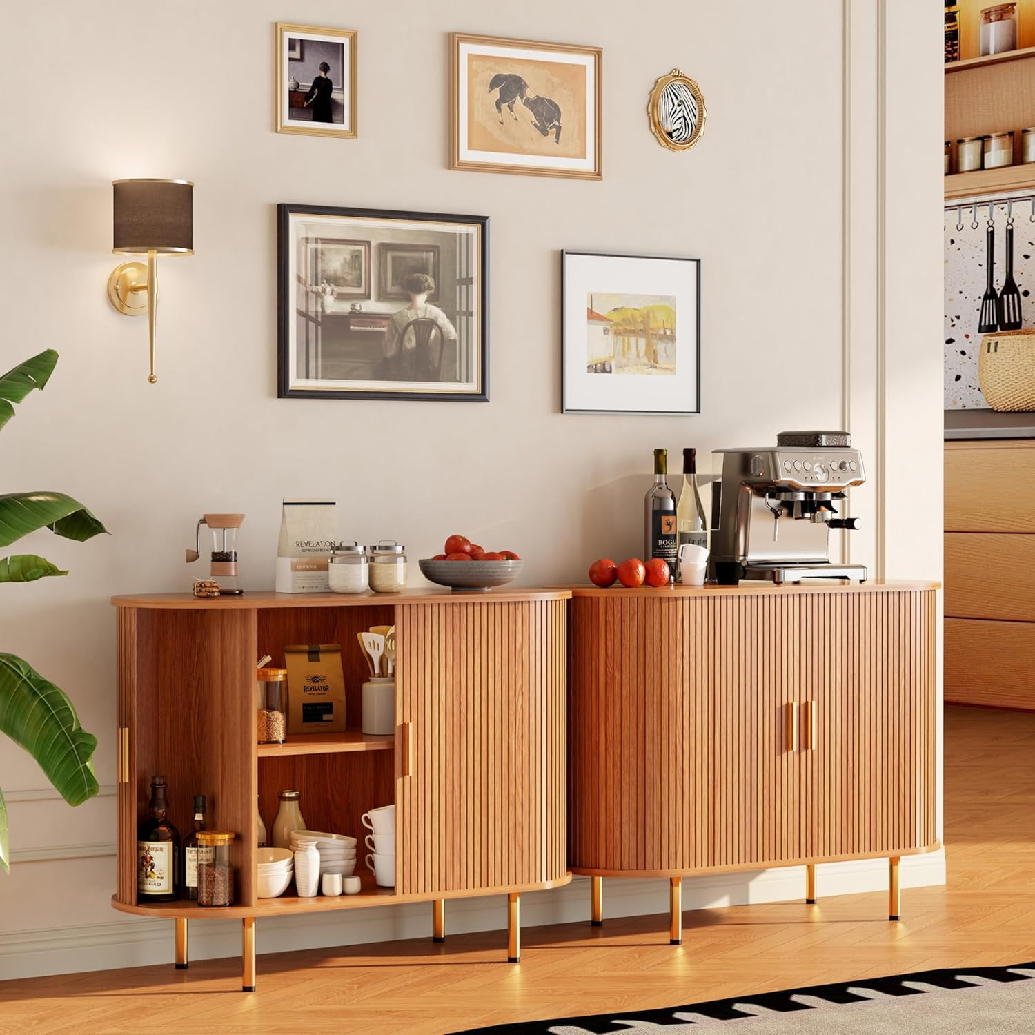 TiramisuBest Sideboard Buffet Cabinet with Storage, 40" Storage Cabinet with Fluted Tambour Sliding Doors & Adjustable Shelf for Entryway, Kitchen, Home Bar (Yellow Walnut)