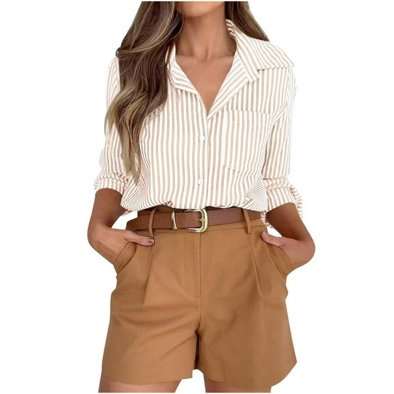 Wyobmus Striped Button Down Shirts for Women Long Sleeve Dress Shirts Casual Business Collared Shirts Dressy Loose Fit Office Work Shirt with Pocket B-Orange