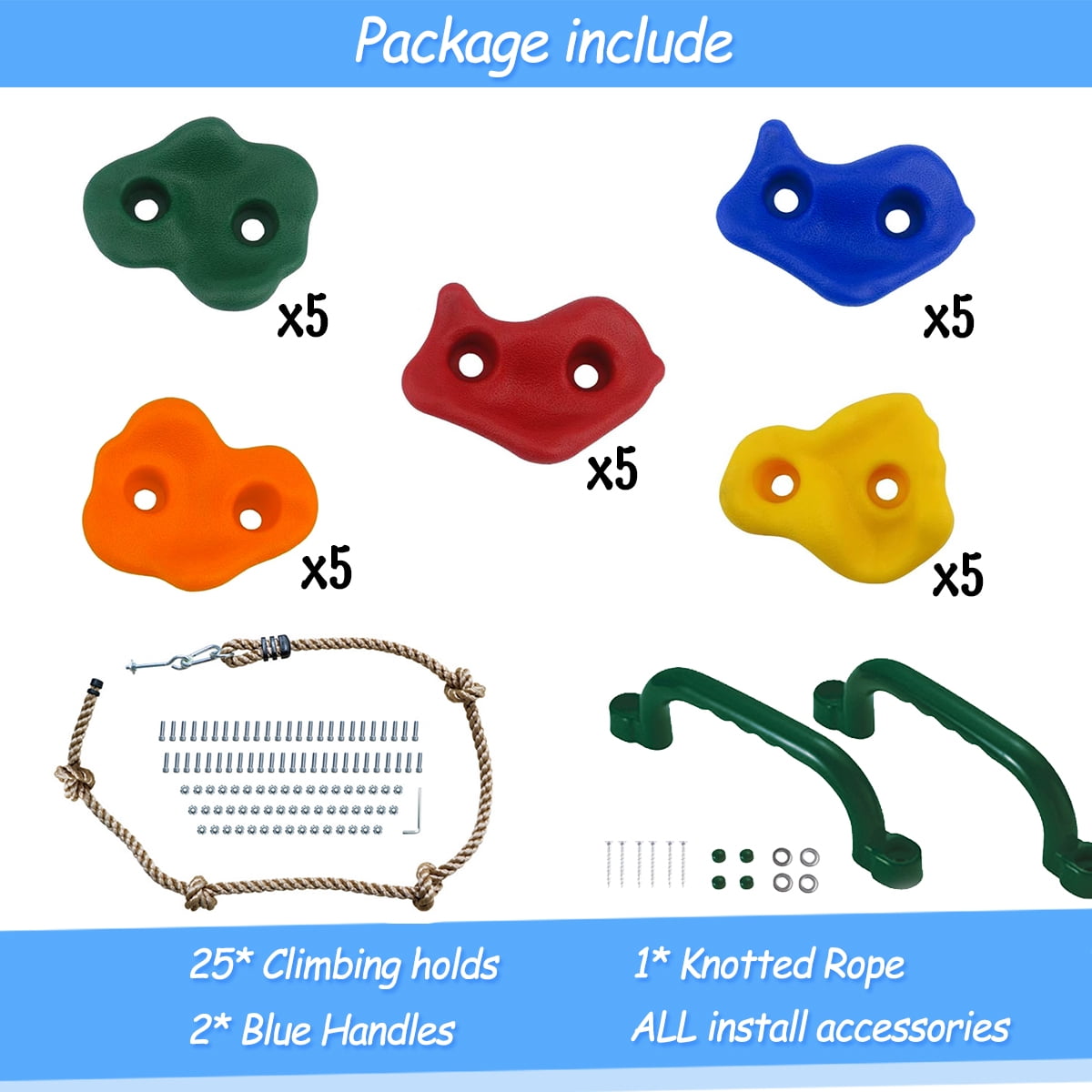 Celawork 25 Pcs Tree Climbing Rocks with rope, Climbing Hold for Kids Outdoor, Playground Swing Set for Indoor Play Set and Outdoor Tree House